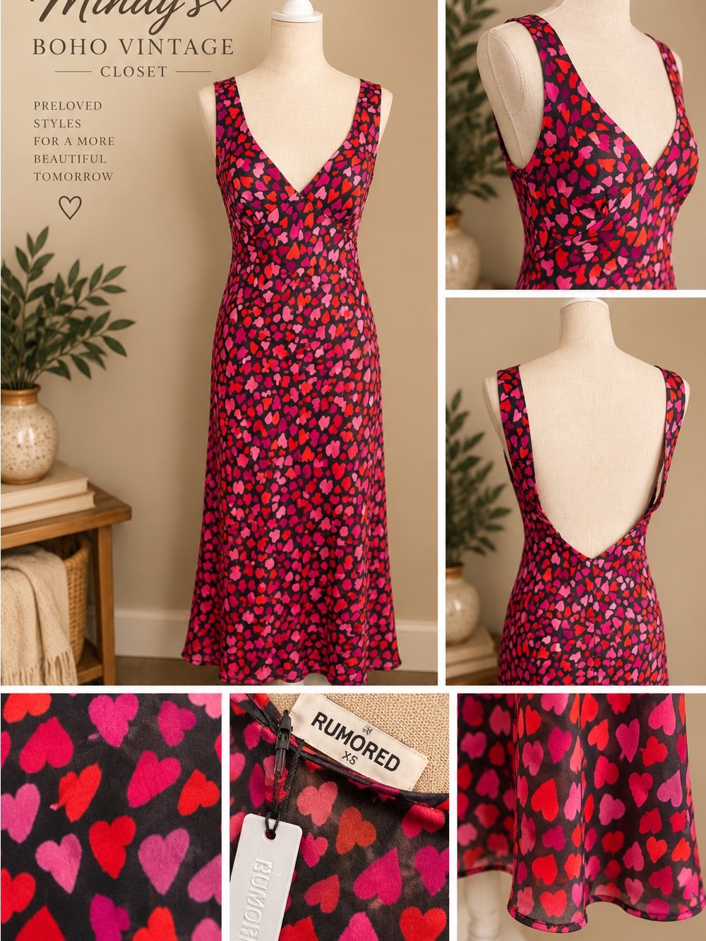 Rumored V-Neck Backless Heart-Print Slip Dress in Red and Pink